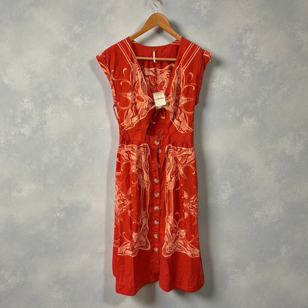 FREE PEOPLE RED ORANGE BOHO V-NECK BUTTON FRONT MIDI DRESS SIZE 0 NWT